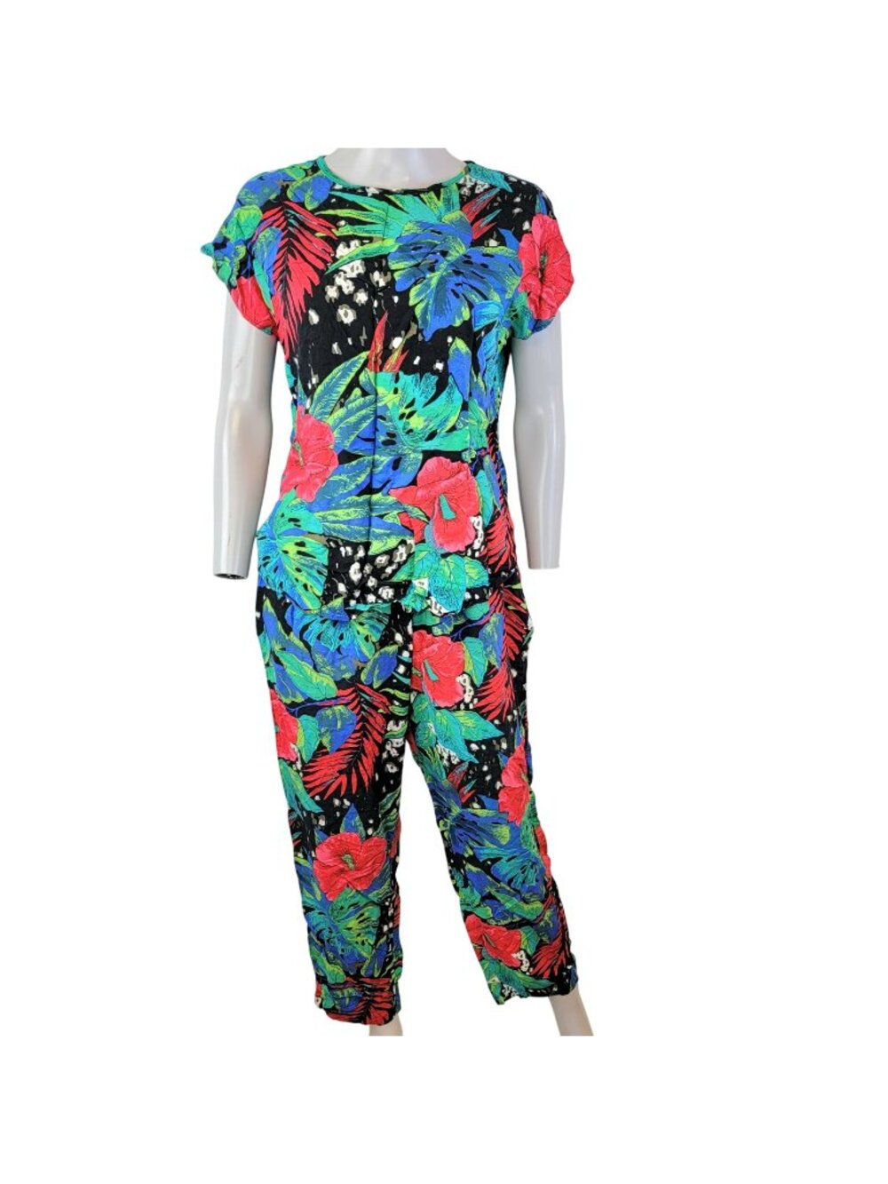 Vintage 80s Floral Set Women Medium Black Blue Tropical Blouse Top Pants Plants